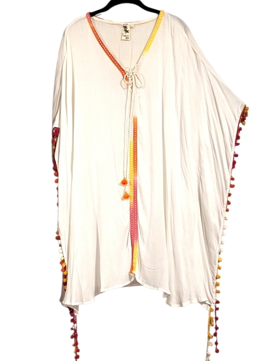 Violet Sky Other - Violet Sky White Kaftan Kimono Beach Swimsuit Cover-up Colorful PomPoms XL